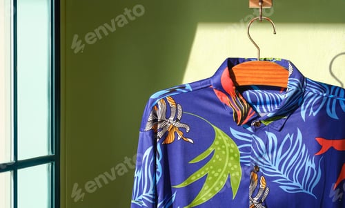 Preview: Blue Hawaiian shirt with foliage pattern hanging on cement wall near glass window inside of room