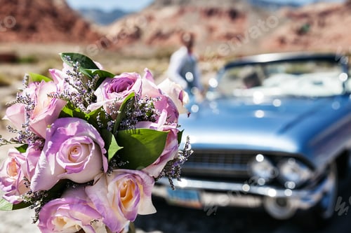 Bridal Bouquet and Classic Car in Mountainous Desert