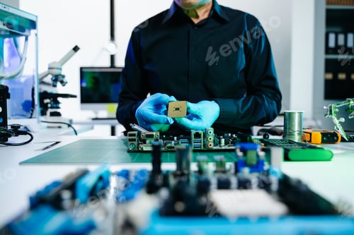 Preview: The technician is putting the CPU on the socket of the computer motherboard. electronic