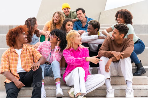 Preview: Happy playful multiethnic group of young friends bonding outdoors