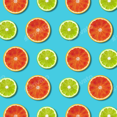 Preview: Vibrant red orange and green lime lemon slices pattern on turquoise color background