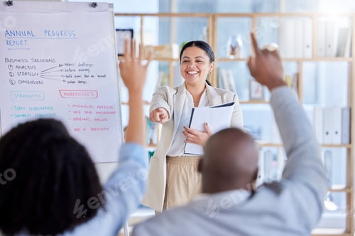 Preview: Business woman, leadership and coaching with question in meeting for planning, team strategy or ide