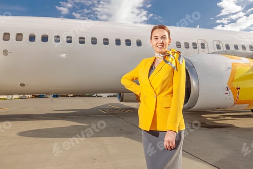 Preview: Cheerful woman stewardess standing outdoors at airfield