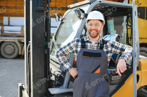 Preview: forklift driver in protective vest and forklift standing at warehouse of freight forwarding company