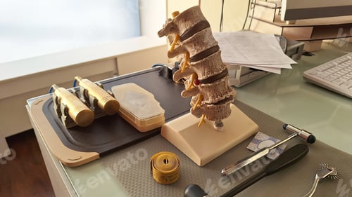 Preview: Medical tools and spine model on a doctor's desk.