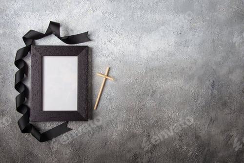 Preview: top view elegant picture frame with black bow on the white surface photo tank death war soldiers