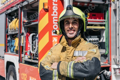 Preview: Firefighter smiling with arms crossed in front of firetruck at fire station