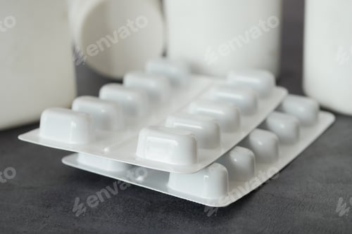 Preview: White Pill Blister Packs Laid Out Neatly on a Dark Surface Background