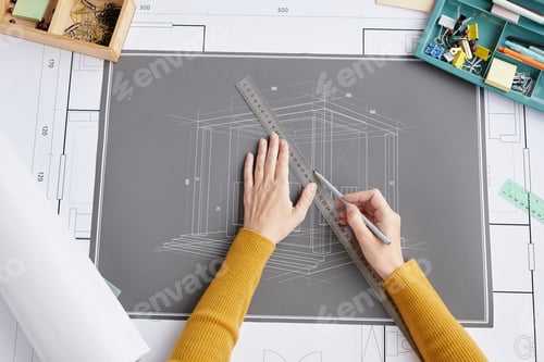 Preview: Woman Drawing Blueprints Top View