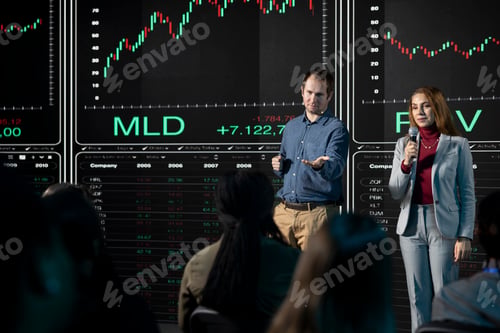 Preview: Two expert brokers giving speech and presenting stock market indicators