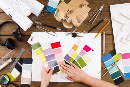 Preview: Interior designer working with palette top view