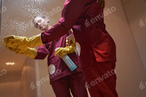 Preview: Experienced cleaner cleaning mirrored surface in apartment hallway