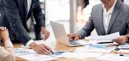 Preview: Business people in office workplace collaboration, discussing and planning sales in company