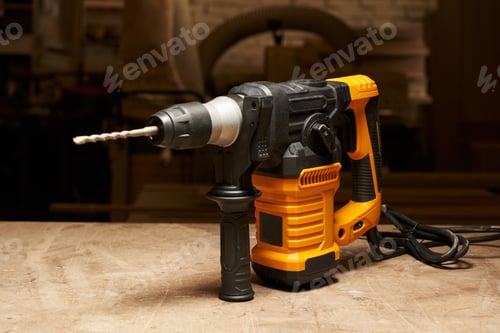Preview: Electric Drill on Wood Surface in Workshop