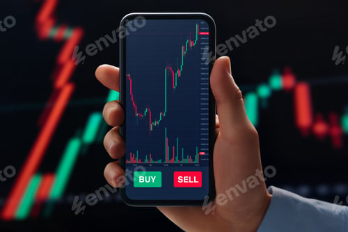 Preview: Investor holds phone displaying trading application with cryptocurrency charts