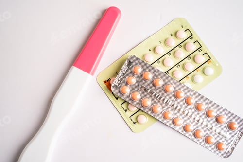 Preview: Pregnancy test and birth control pills, contraception health and medicine.