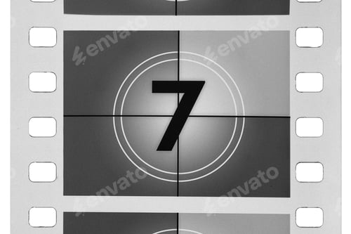 Preview: Classic film leader countdown with number seven on screen isolated on white background.