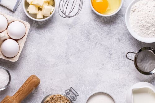 Preview: Ingredients for baking - flour, milk, salt, sugar, eggs.