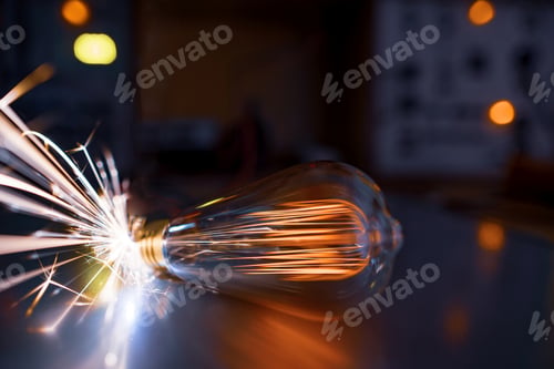 Preview: The incandescent lamp does not shine brightly and sparks fall on the metal surface in a dark room