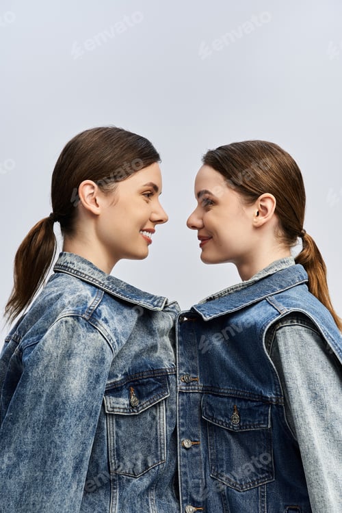 Preview: Twins share a joyful moment while showcasing unique denim fashion in a serene outdoor setting
