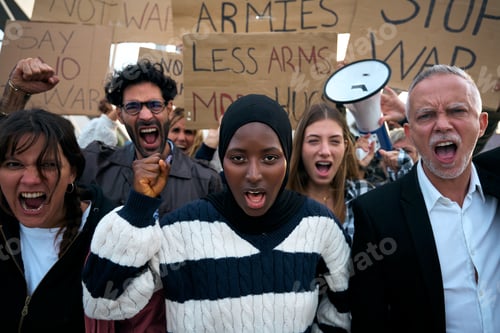 Preview: Young Muslim woman with crowd of diverse people protesting against war and violence in world