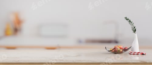 Preview: Stylish white kitchen islands or countertop with decor and copy space over blurred background