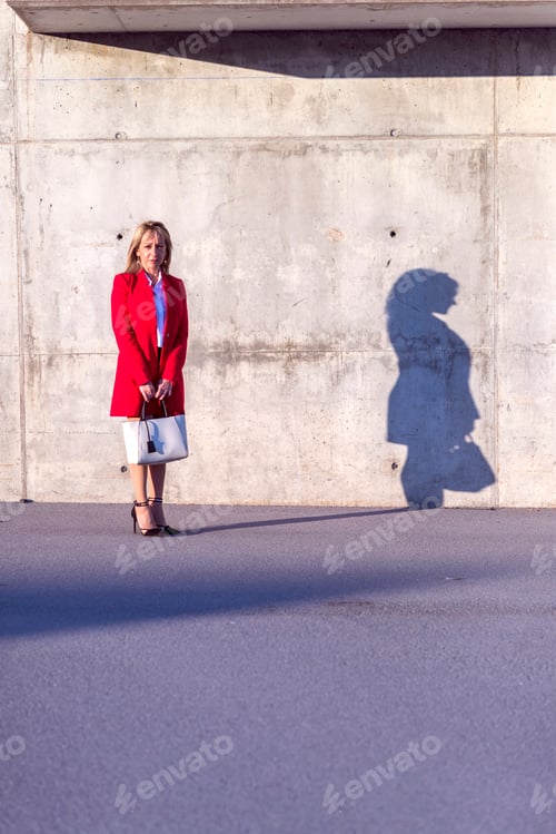 Preview: Blonde businesswoman wearing red jacket and black shirt standing in the city while looking to camera