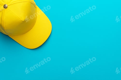 Preview: Top View Of Yellow Baseball Cap Over Turquoise Blue Background With Copy Space