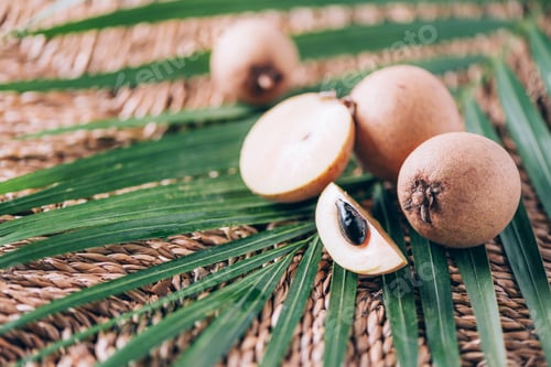 Preview: Sapodilla or ciku fruit over palm leaves on rattan background. Copy space. Dimocarpus longan. Bunch