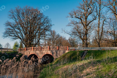 Preview: Old stone bridge over the river in the park in spring.