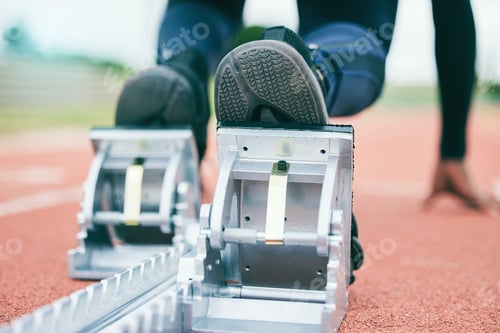 Preview: Race track, start blocks and running with athlete feet, run in stadium and ready with action and fi