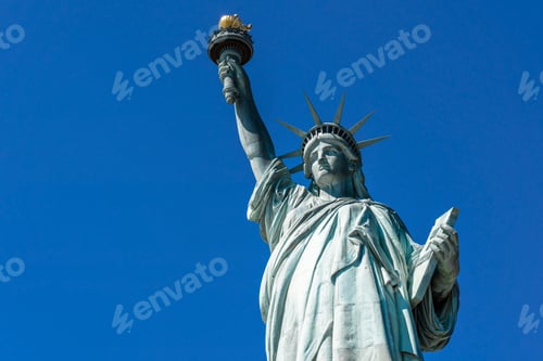Preview: The Statue of Liberty under the blue sky background, Lower Manhattan, New York City