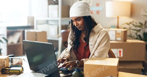 Preview: Woman, laptop and typing in small business logistics for order, ecommerce or design at boutique. Fe
