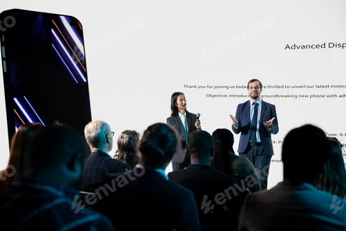 Preview: Diverse CEO and manager launching new mobile phone product on stage