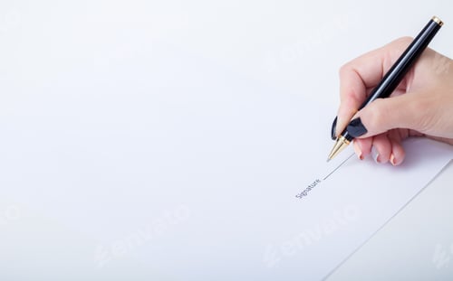 Preview: Close up girl hand putting signature on document. She situating at desk. Business concept. Low angle
