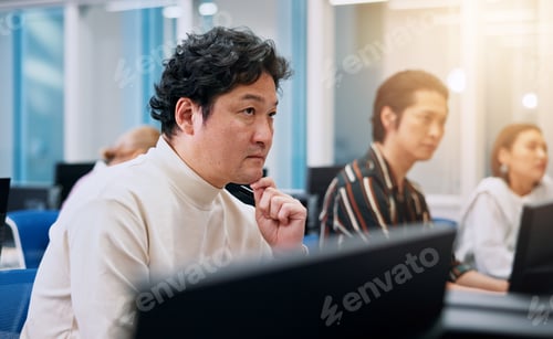Preview: Japanese, businessman and computer with thinking, connection and communication as stocks trader. Gr