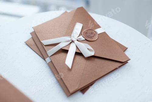 Preview: Gift Certificate, gift voucher or discount. closeup bronze invitation envelopes on white table