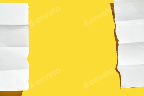 Preview: Torn white paper strips on bright yellow background creating contrasting