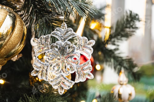 Preview: Christmas tree decorated iced snowflake baubles. Xmas holiday card