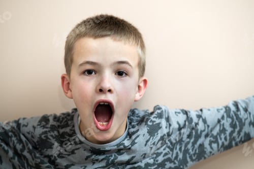 Preview: Closeup portrait of a funny child school boy with open mouth