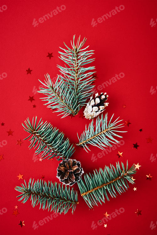 Preview: Christmas decoration on red background, top view