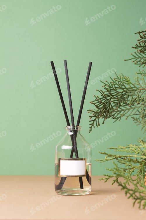 Preview: Fragrance sticks, aroma diffuser. Translucent bottle with sticks on green background. Essential oils