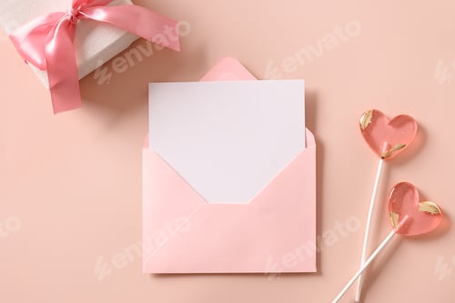 Preview: Valentine's day card with envelope and pink lollipops as heart.