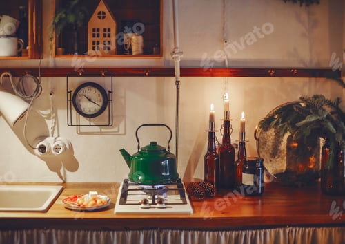 Preview: Festive winter cozy kitchen interior with garlands, decorations and gifts