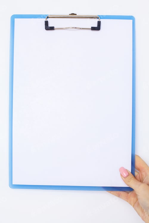 Preview: Blank Folder with White Paper. Hand that Holding Folder and Handle on White Background.