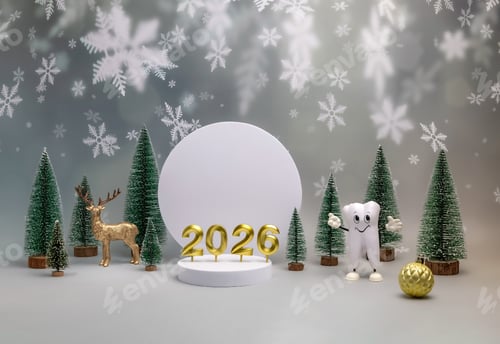 Preview: cartoon model of a tooth, numbers 2026 on a white round podium, Christmas trees, a deer