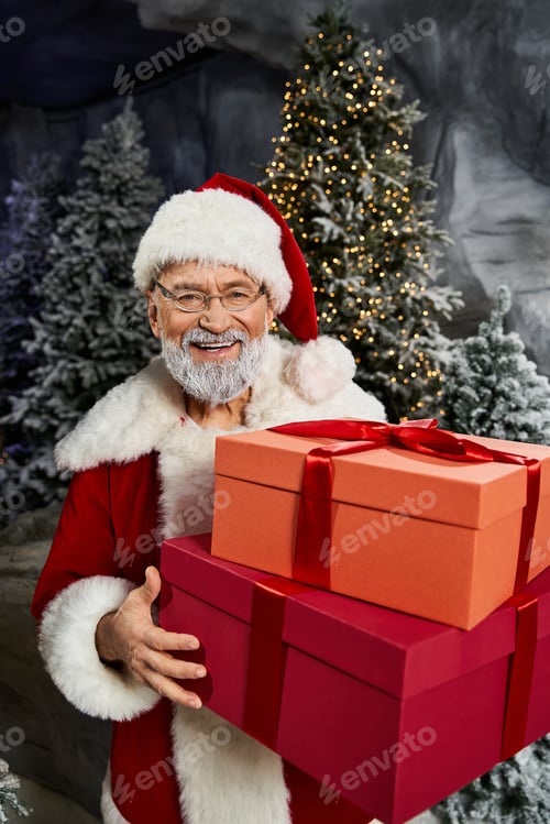 Preview: A joyful Santa Claus holding colorful gifts in a festive winter wonderland setting