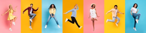 Preview: Diverse Overjoyed People Jumping In Air Against Colorful Studio Backgrounds