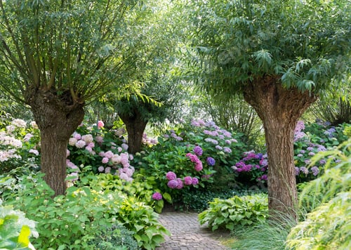 Preview: garden with willow trees and hortensia