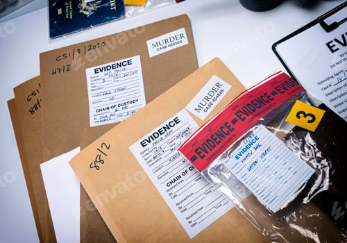 Preview: Files and evidence bag in a crime lab, conceptual image